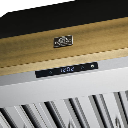 Vittorio 36" Wall Mount Range Hood in Black & Antique Brass Trim, 600 CFM with Baffle Filters & Remote Control