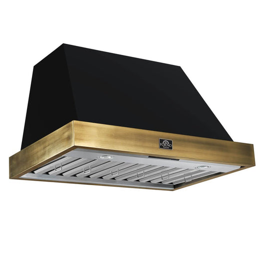 Vittorio 36" Wall Mount Range Hood in Black & Antique Brass Trim, 600 CFM with Baffle Filters & Remote Control