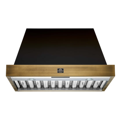 Vittorio 36" Wall Mount Range Hood in Black & Antique Brass Trim, 600 CFM with Baffle Filters & Remote Control
