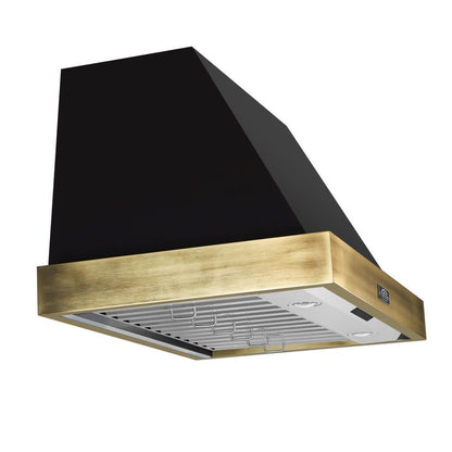 Vittorio 36" Wall Mount Range Hood in Black & Antique Brass Trim, 600 CFM with Baffle Filters & Remote Control