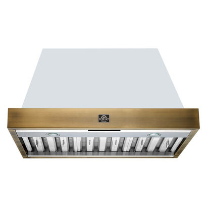 Vittorio 36" Wall Mount Range Hood in Black & Antique Brass Trim, 600 CFM with Baffle Filters & Remote Control