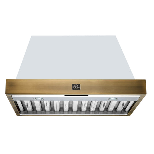 Vittorio 36" Wall Mount Range Hood in Black & Antique Brass Trim, 600 CFM with Baffle Filters & Remote Control
