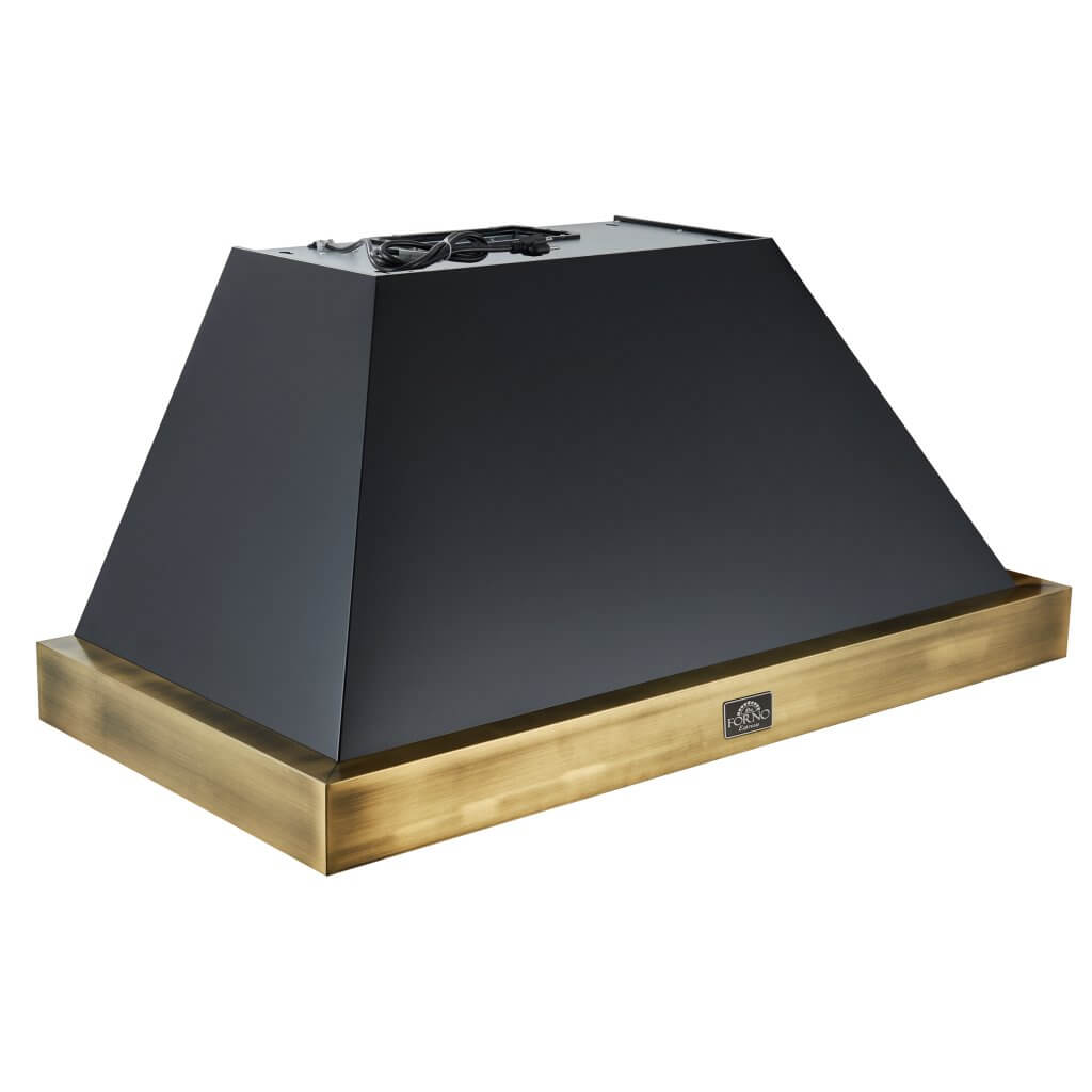 Vittorio 48" Wall Mount Range Hood in Black & Antique Brass Trim, 600 CFM with Baffle Filters & Remote Control
