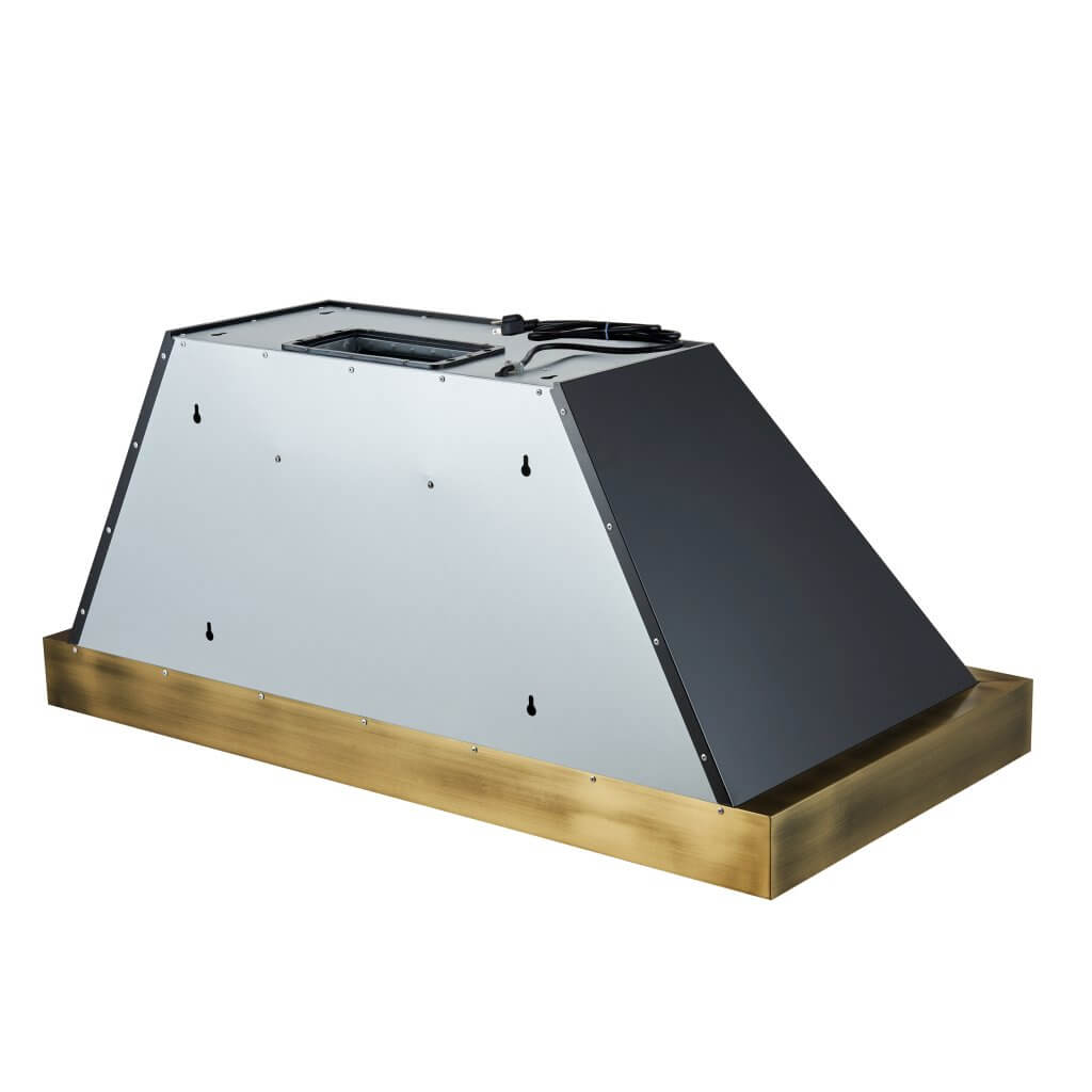 Vittorio 48" Wall Mount Range Hood in Black & Antique Brass Trim, 600 CFM with Baffle Filters & Remote Control