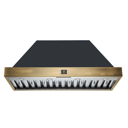 Vittorio 48" Wall Mount Range Hood in Black & Antique Brass Trim, 600 CFM with Baffle Filters & Remote Control