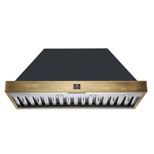 Vittorio 48" Wall Mount Range Hood in Black & Antique Brass Trim, 600 CFM with Baffle Filters & Remote Control