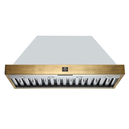 Vittorio 48" Wall Mount Range Hood in Black & Antique Brass Trim, 600 CFM with Baffle Filters & Remote Control
