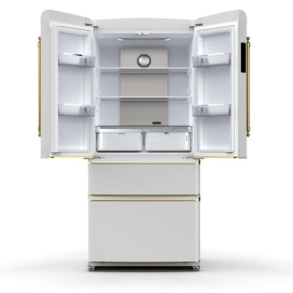 Forno Luigi 18 cu.ft. French Door Refrigerator White, Antique Brass Handles
