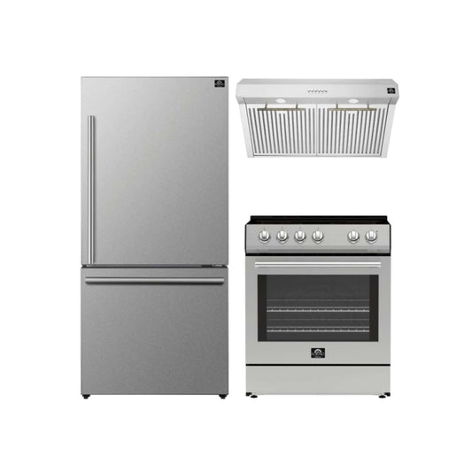 FORNO Premium 3-Piece Kitchen Bundle - Leonardo Espresso 30" Stainless Steel Range, 31" Stainless Steel Bottom Freezer Refrigerator, 30" Stainless Steel Under Cabinet Range Hood